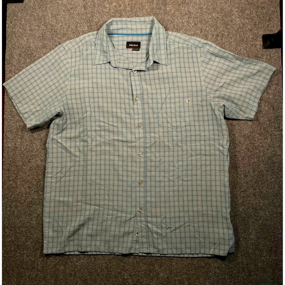 Marmot Button Down Shirt Mens XL Blue Plaid Short Sleeve Breathable Pocket